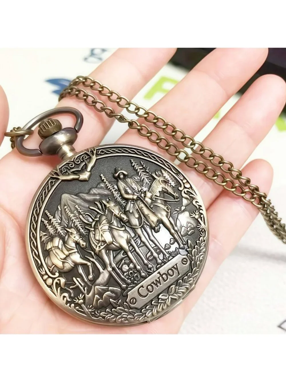 Men's Brown Quartz Engraved Cowboys Bronze Arabic Numerals Chain Pocket Watch